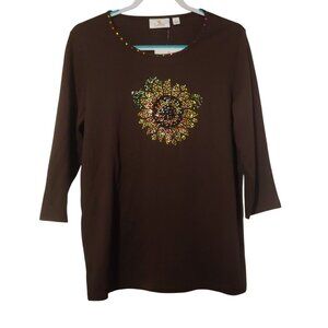 Quacker Factory Sparkly Blingy Crystals Sunflower Granola Girl Plant Lady Tee M